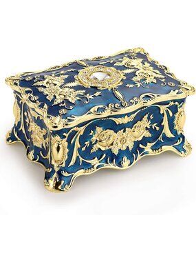 Vintage Metal Jewelry Organizer for Women 4.9" x 3.4" x 2.7"Storage Box Blue